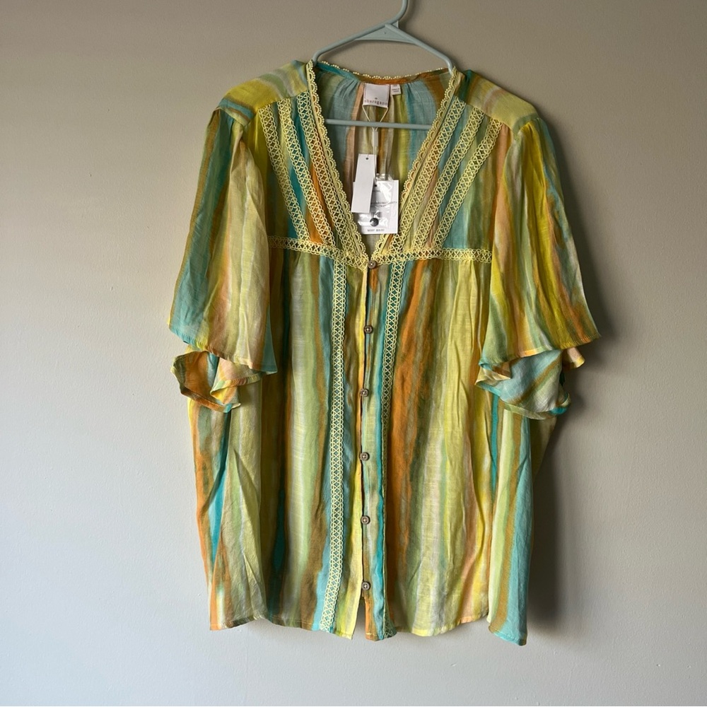 NWT Sharagano Flowy Watercolor 3X Striped Crochet Trim Flutter Sleeve Top Boho